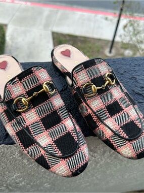 Gucci Pink and Black Plaid Horsebit Slip-On Loafers